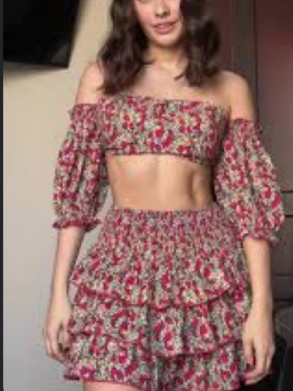 SHEIN Red Floral Smocked Tiered Ruffle Mini Skirt